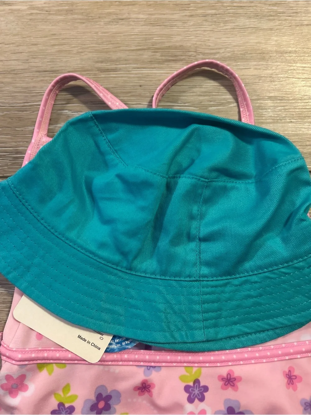 Target Pink Floral One-Piece Swimsuit with Teal Bucket Hat